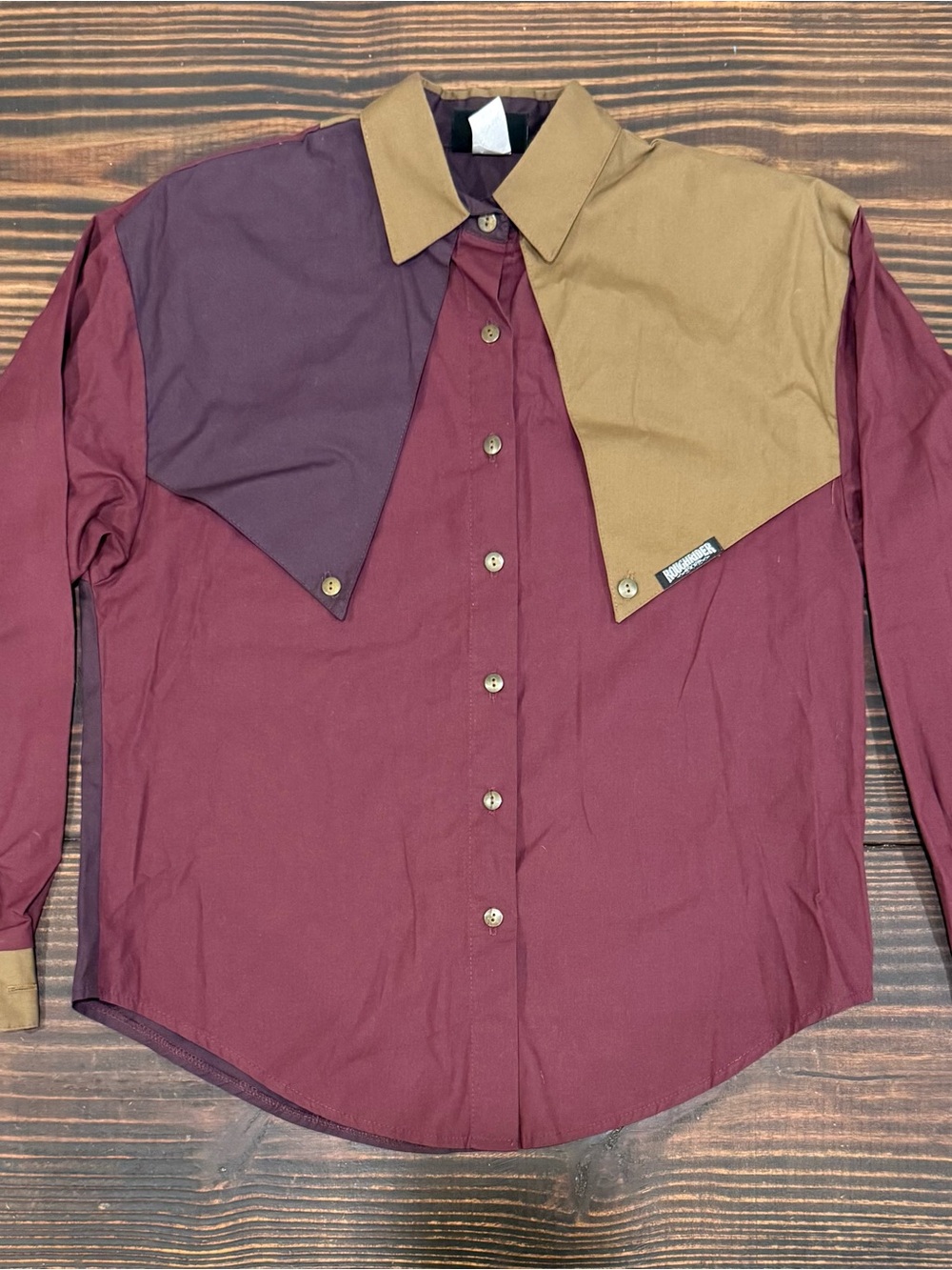 Women’s Long-Sleeve Western Shirt Colorblock Brown and Dark Maroon Yoke